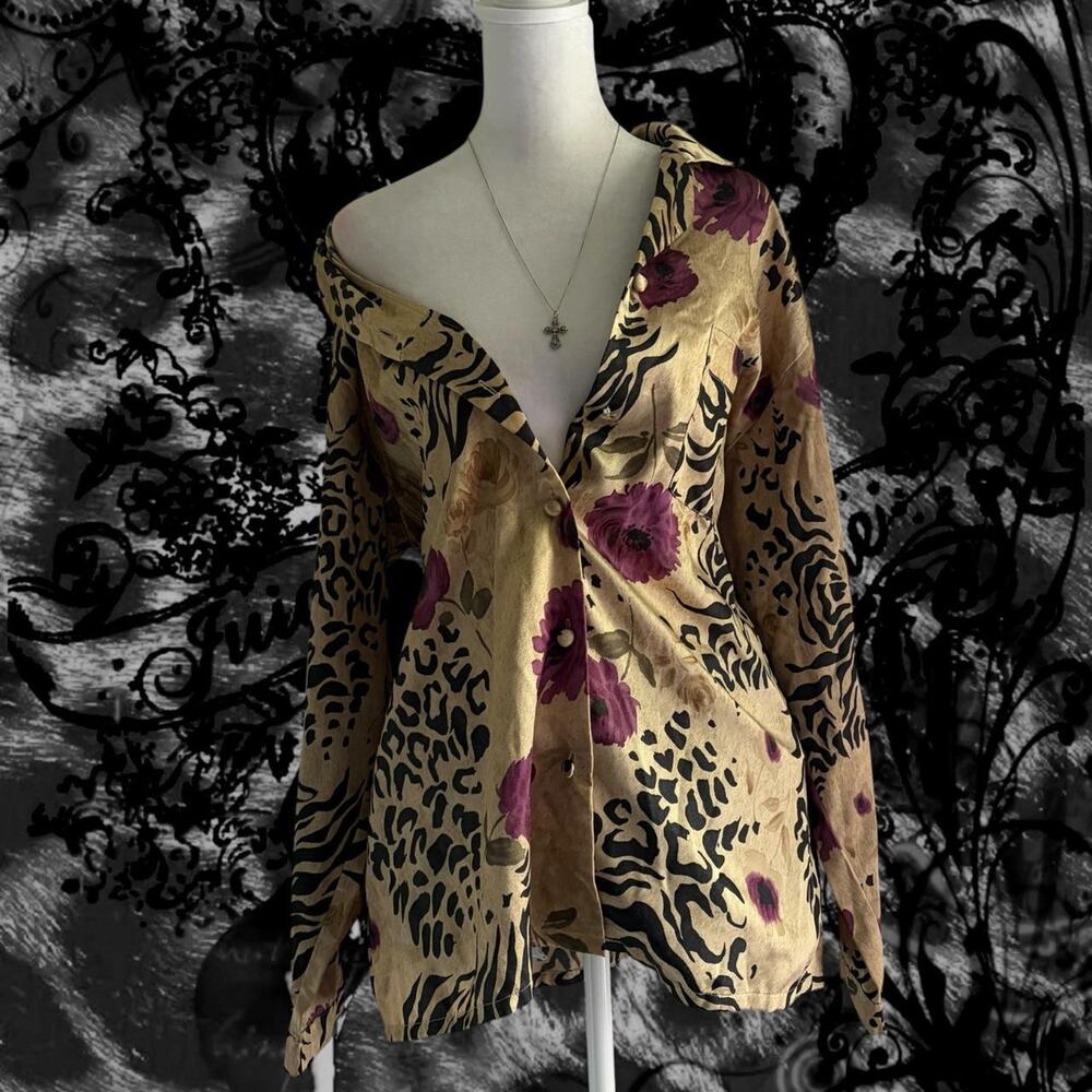muted bronze gold tone black violet animal and floral print whimsical glam top